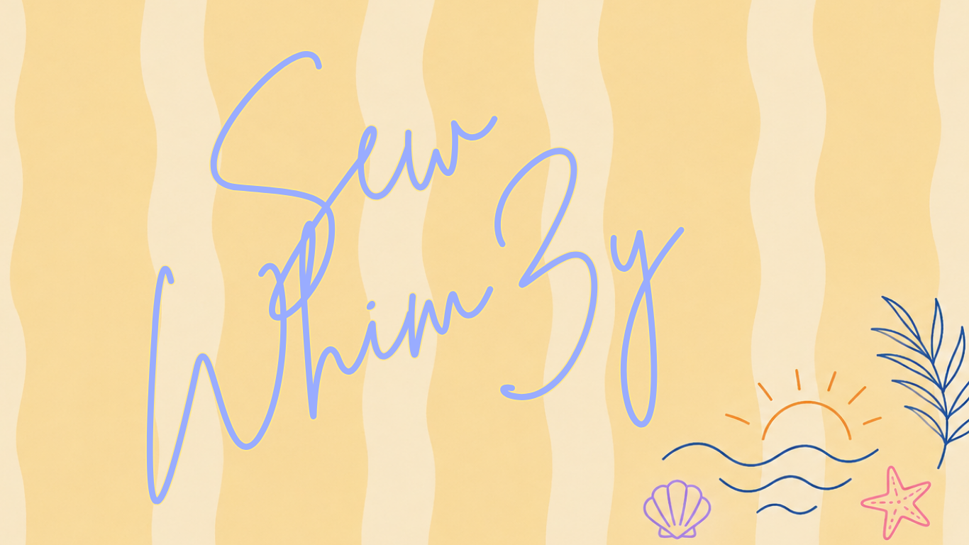 Sew WhimZy hand-lettered logo on a butter yellow wavy striped background with seashell, sun and starfish doodles