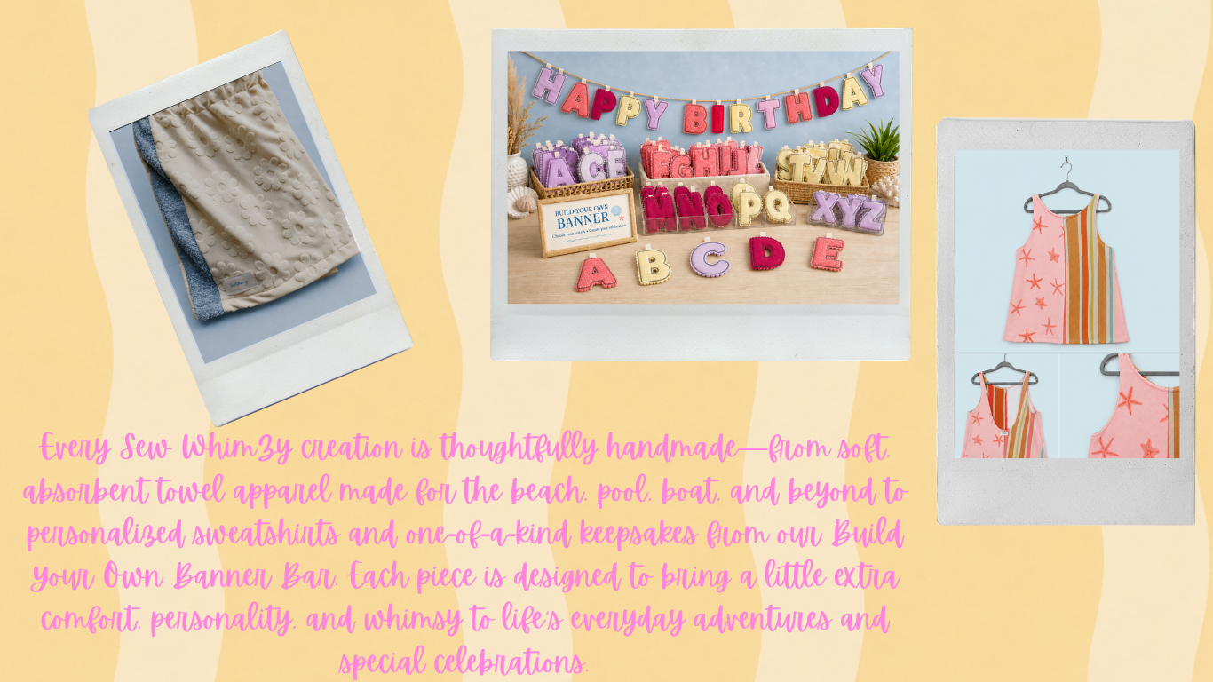 Collage of Sew WhimZy pieces: a folded towel blanket, the Build Your Own Banner Bar display, and a striped starfish tank dress
